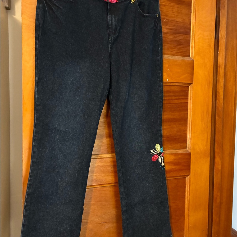 Diane Gilman Blue Floral Embroidered Flare Jeans